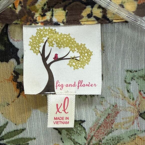 Fig And Flower Sheer Tunic Blouse XL Brown Yellow Floral Button Down Boho - Picture 11 of 14